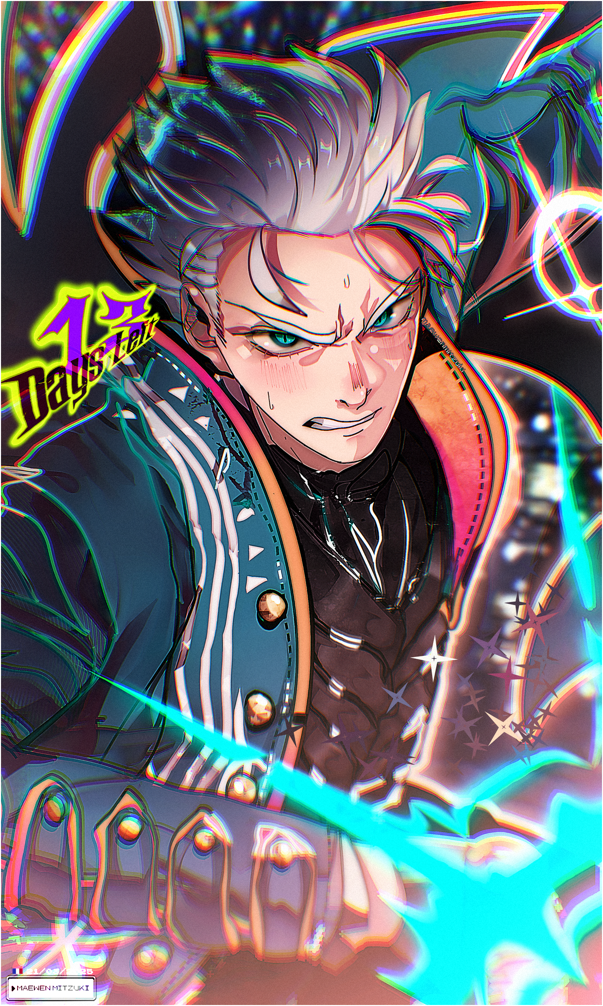 maewenmitzuki, vergil (devil may cry), devil may cry (series), highres, 1boy, black shirt, blue eyes, blue jacket, blush, chromatic aberration, clenched teeth, eyelashes, furrowed brow, jacket, male focus, outstretched arm, shirt, short hair, solo, teeth, v-shaped eyebrows, white hair