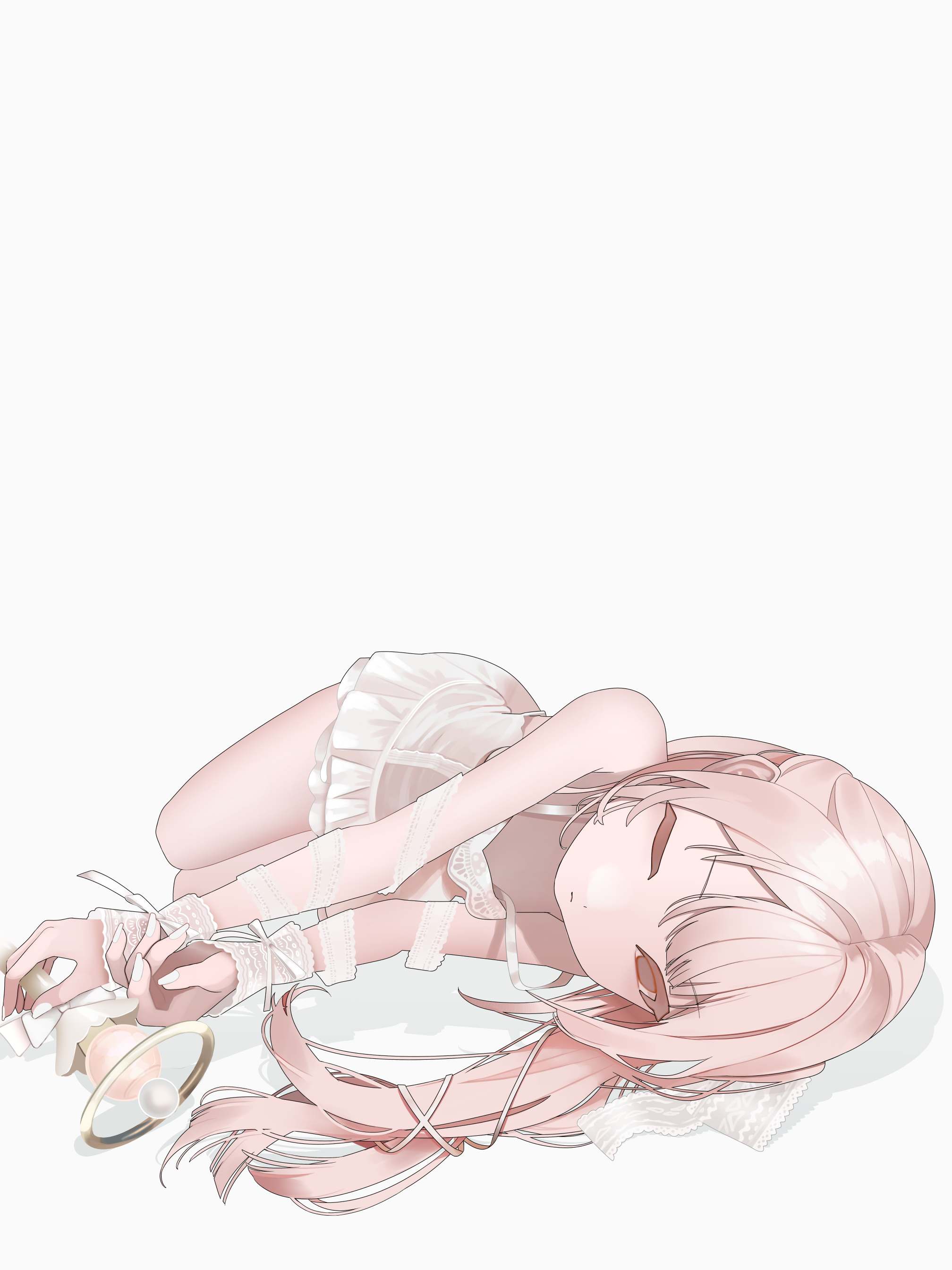 original, absurdres, highres, 1girl, blonde hair, brown eyes, colored eyelashes, dress, frilled dress, frills, hair ribbon, holding, lace ribbon, lace trim, legs folded, limited palette, long hair, lying, nail polish, on side, one eye closed, pale color, ribbon, short dress, sleeve cuffs, solo, strap slip, test norma1, white dress, white nails