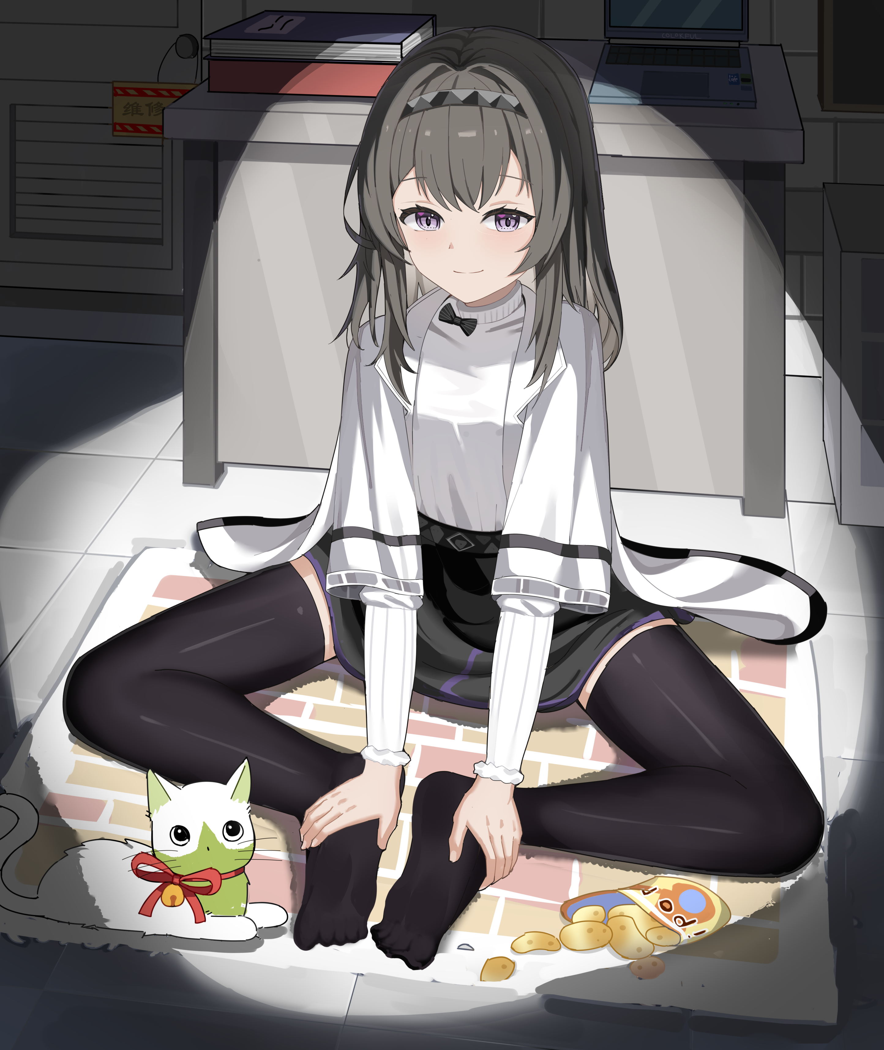 resoap, priestess (arknights), arknights, absurdres, chinese commentary, commentary request, highres, 1girl, animal, black hair, black hairband, black skirt, black thighhighs, book, cat, chips (food), closed mouth, computer, desk, food, green cat, hairband, indoors, jacket, laptop, layered sleeves, long sleeves, looking at viewer, medium hair, miniskirt, no shoes, on floor, potato chips, purple eyes, red ribbon, ribbon, rug, sitting, skirt, smile, solo, spotlight, sweater, thighhighs, turtleneck, turtleneck sweater, white cat, white jacket, white sweater