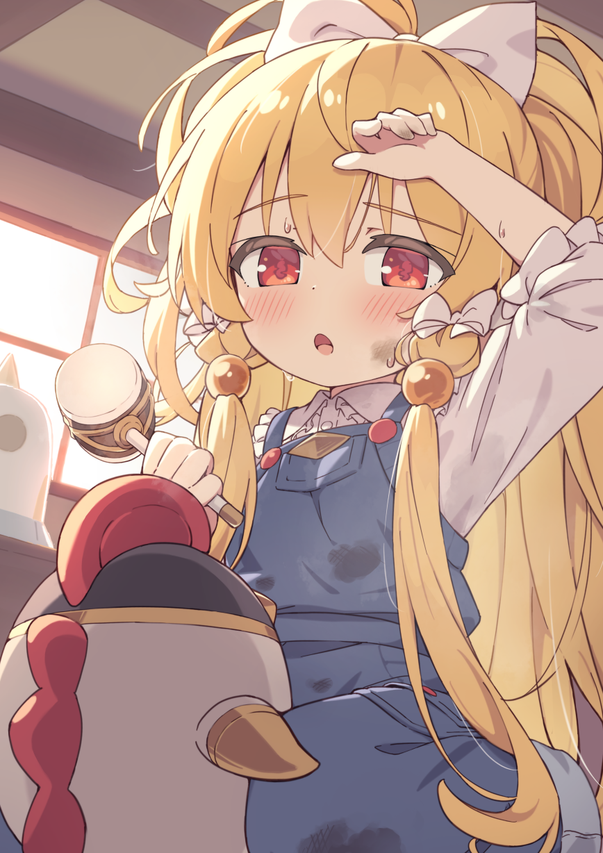 hiyaya (kochi michikaze), mahira (granblue fantasy), granblue fantasy, commentary request, commission, highres, skeb commission, 1girl, :o, arm up, blonde hair, blue overalls, blush, bow, collared shirt, dirty, hair bow, hammer, holding, holding hammer, long hair, long sleeves, open mouth, overalls, red eyes, shirt, sitting, solo, sweat, white bow, white shirt