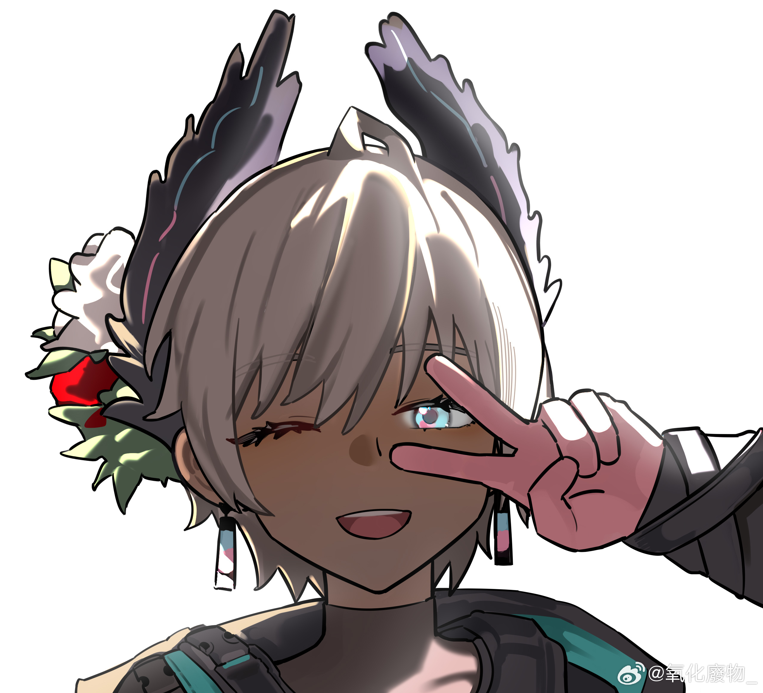 wwfo 2, raidian (arknights), arknights, highres, 1girl, ;d, black jacket, blue eyes, earrings, gloves, grey hair, jacket, jewelry, long sleeves, looking at viewer, one eye closed, open mouth, pink gloves, portrait, short hair, simple background, smile, solo, v, v over eye, watermark, weibo watermark, white background