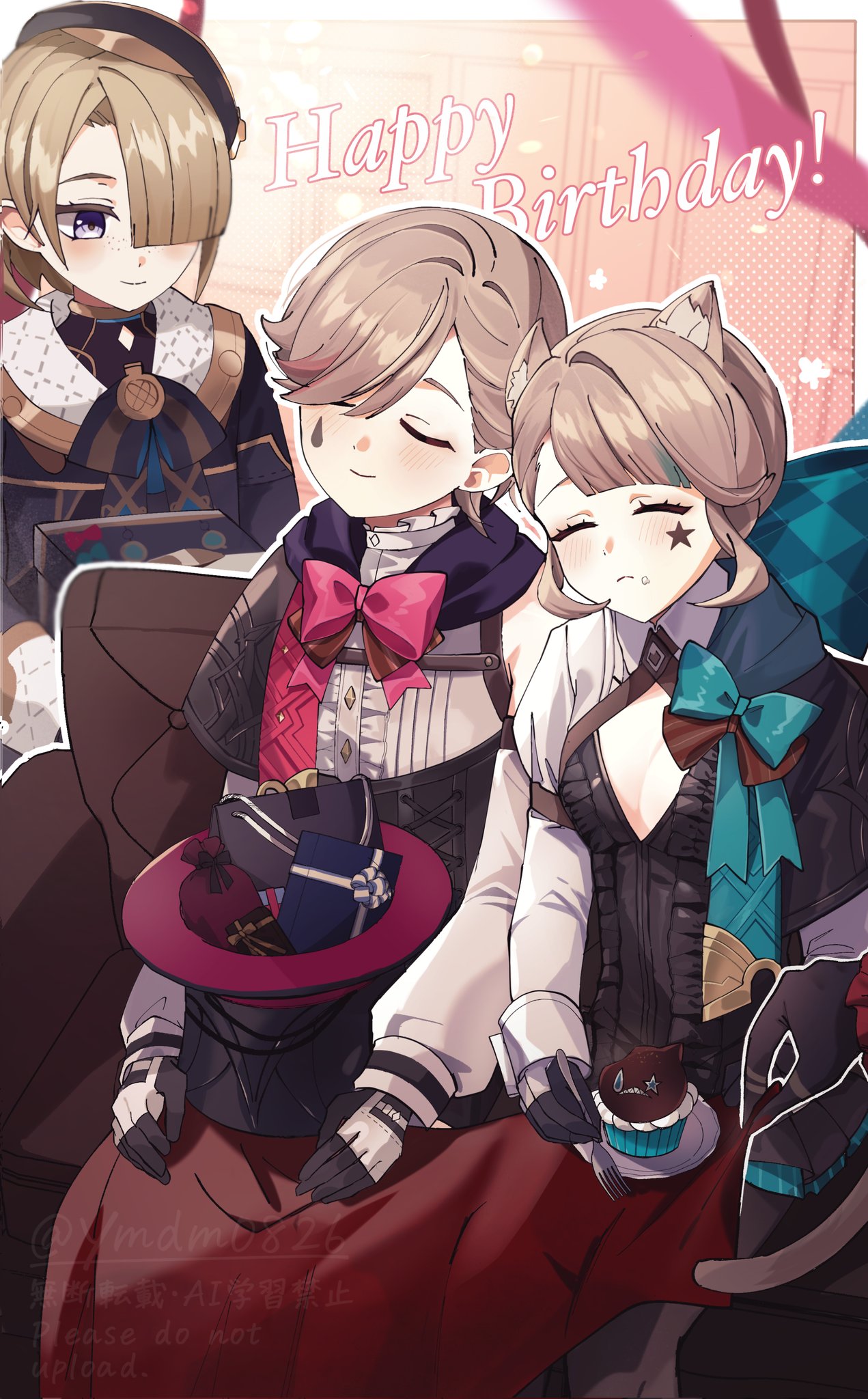 ymdm0826, freminet (genshin impact), lynette (genshin impact), lyney (genshin impact), pers (genshin impact), genshin impact, highres, 1girl, 2boys, animal ears, black bodysuit, black gloves, blonde hair, bodysuit, bow, bowtie, cat ears, cat girl, cat tail, closed eyes, closed mouth, cupcake, facial mark, food, fork, freckles, gloves, hair over one eye, happy birthday, hat, holding, holding fork, long hair, long sleeves, multiple boys, pink bow, pink bowtie, purple eyes, short hair, smile, star (symbol), star facial mark, tail, teardrop facial mark, top hat, unworn hat, unworn headwear, white sleeves