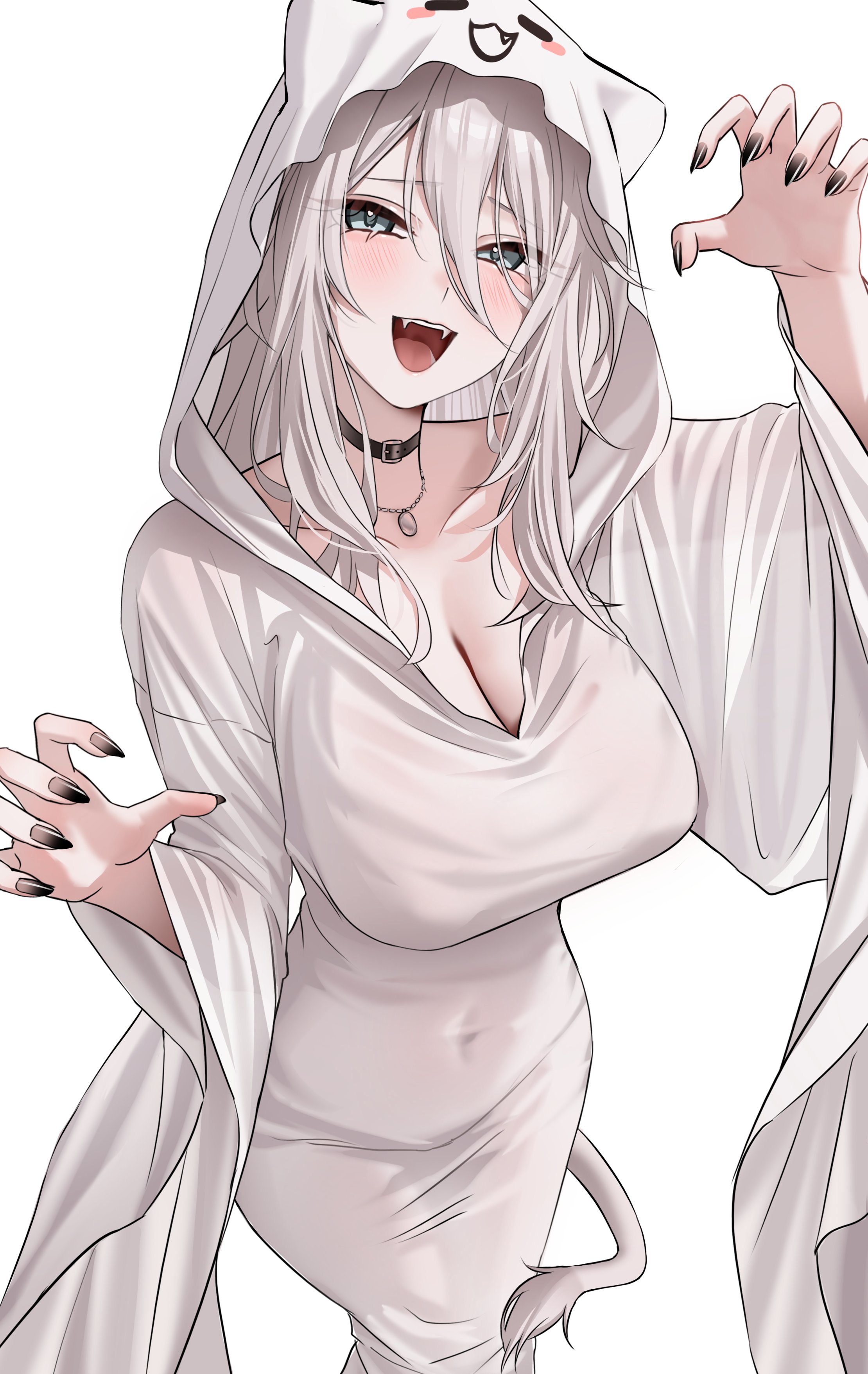 wanne, shishiro botan, hololive, absurdres, commentary, highres, symbol-only commentary, 1girl, ahoge, alternate costume, animal ears, black choker, black nails, breasts, choker, claw pose, cleavage, covered navel, double-parted bangs, dress, fangs, ghost costume, grey eyes, grey hair, hair between eyes, hood, hood up, jewelry, large breasts, lion ears, lion tail, long hair, long sleeves, looking at viewer, nail polish, necklace, open mouth, simple background, solo, tail, teeth, upper teeth only, virtual youtuber, white background, white dress, wide sleeves