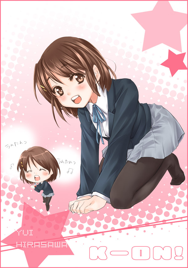 kanda aya, hirasawa yui, k-on!, bad id, bad pixiv id, 00s, 1girl, all fours, brown eyes, brown hair, chibi, female focus, pantyhose, school uniform, solo, un tan
