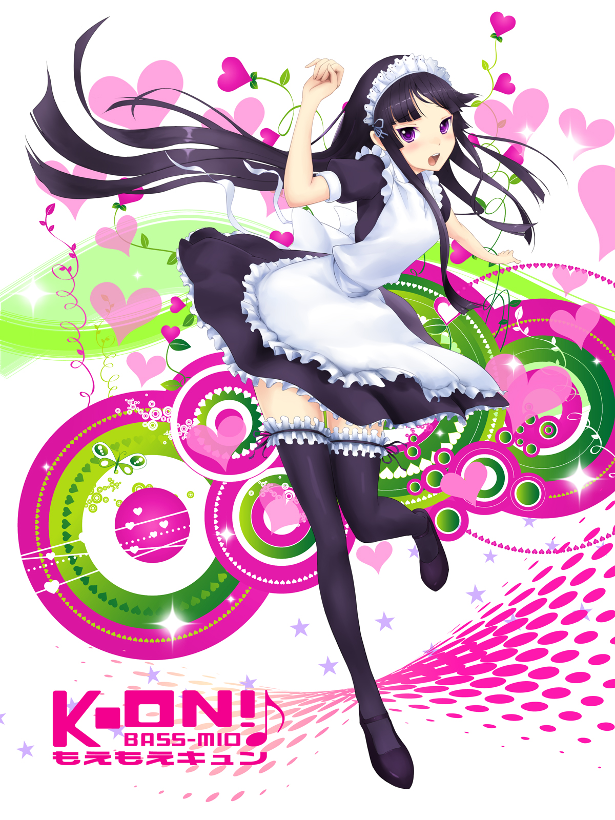 penpen (penpen1942), akiyama mio, k-on!, bad id, bad pixiv id, highres, 00s, 1girl, alternate costume, black hair, black thighhighs, blush, enmaided, female focus, frilled thigh strap, legs, long hair, maid, maid headdress, moe moe kyun!, open mouth, purple eyes, solo, thigh strap, thighhighs