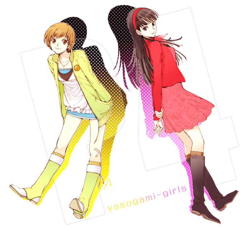 tak (karasuki), tak (pixiv), amagi yukiko, satonaka chie, atlus, persona, persona 4, bad id, bad pixiv id, 2girls, :3, ascot, bandaid, black eyes, black hair, blunt bangs, boots, brown eyes, brown hair, camisole, cardigan, casual, dress, fashion, full body, hairband, hime cut, jacket, jewelry, long hair, multiple girls, necklace, short hair, smile, spats (footwear), tank top, track jacket