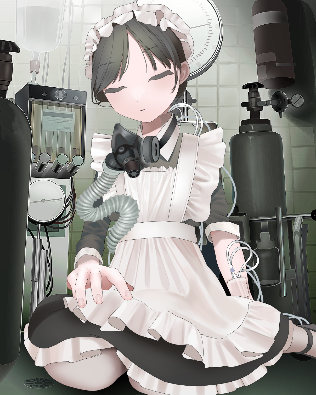 original, highres, 1girl, apron, black hair, closed mouth, dress, fire extinguisher, frilled apron, frills, indoors, intravenous drip, maid apron, maid headdress, mask, on floor, pantyhose, respirator, sitting, sleeve pushed up, solo, test norma1, tile wall, tiles, unworn mask, white pantyhose, yokozuwari