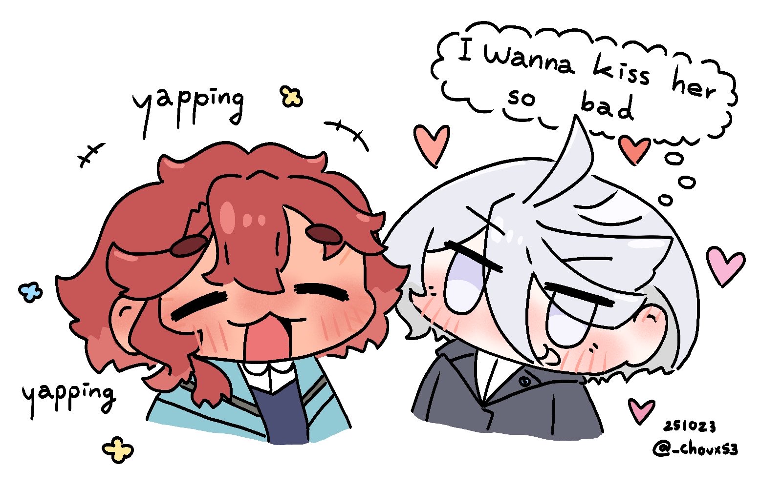 miorine rembran, suletta mercury, gundam, gundam suisei no majo, commentary, english commentary, highres, 2girls, black jacket, blue jacket, blush, closed eyes, dated, english text, heart, jacket, multiple girls, open mouth, red hair, shi choux, shirt, simple background, smile, speech bubble, thick eyebrows, thought bubble, twitter username, white background, white eyes, white hair, white shirt, yuri