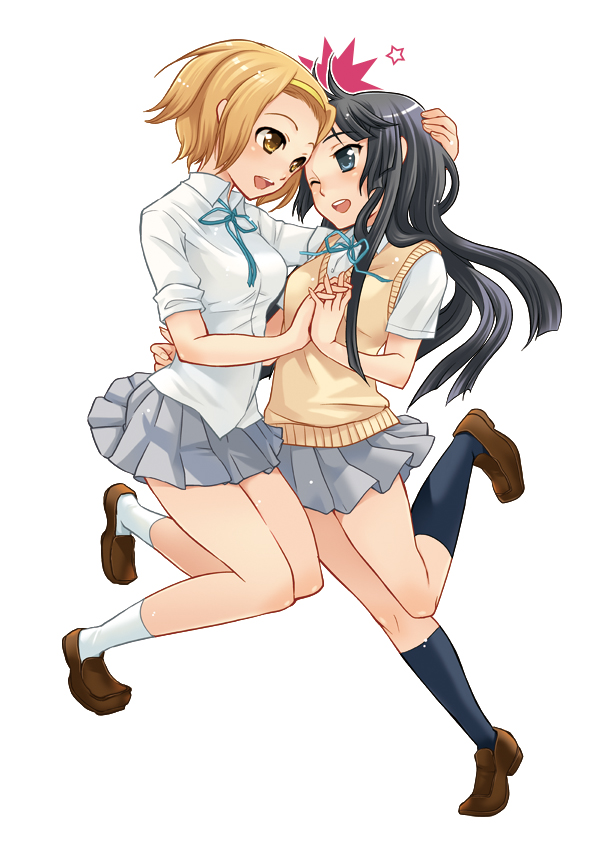 udajyo, akiyama mio, tainaka ritsu, k-on!, bad id, bad pixiv id, 00s, 2girls, black hair, blue eyes, brown eyes, brown hair, hairband, holding hands, long hair, multiple girls, one eye closed, school uniform, short hair, tomboy, wink
