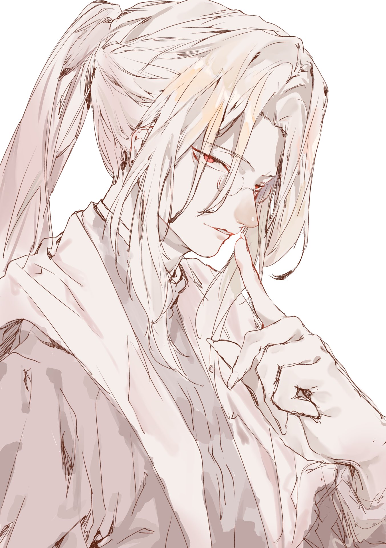 michael roa valdamjong, michael roa valdamjong (human), tsukihime, highres, 1boy, blonde hair, finger to mouth, glasses, hair between eyes, light smile, long hair, looking at viewer, male focus, ponytail, priest, profile, red eyes, robe, shushing, stole, tutu77y