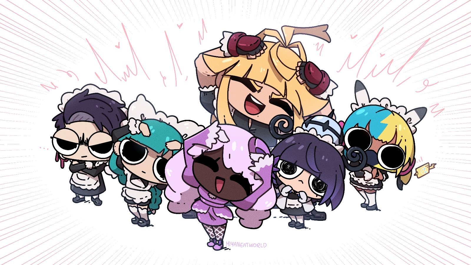 miyan (oceanmaiden), jacinthe (pokemon), nintendo, pokemon, pokemon legends: z-a, character request, highres, :d, ^ ^, black eyes, chibi, closed eyes, crossed arms, dress, fishnets, full body, long dress, maid, maid headdress, mary janes, multiple girls, open mouth, pink dress, shoes, short dress, smile, squiggle eyes, thighhighs, white thighhighs