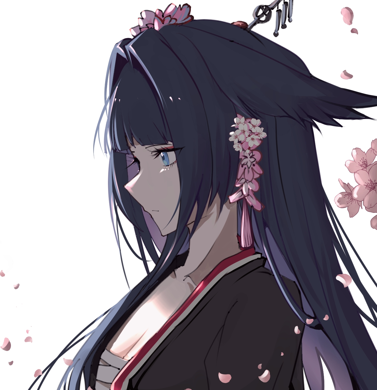 mio (arknights), arknights, commentary, highres, 1girl, animal ears, black hair, black shirt, blue eyes, breasts, chest sarashi, cleavage, closed mouth, falling petals, flower, hair flower, hair ornament, long hair, looking ahead, open clothes, open shirt, petals, pink flower, portrait, profile, sarashi, shirt, small breasts, solo, vzaaaaaaa, white flower