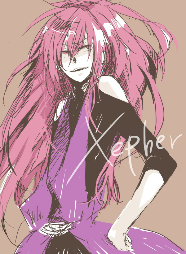 tea212, licht (iidx), beatmania iidx, beatmania iidx 12 happy sky, bemani, xepher, commentary, english commentary, 1boy, 2010, androgynous, bare shoulders, black shirt, brown background, copyright name, earrings, hand on own hip, japanese clothes, jewelry, kimono, long hair, looking to the side, male focus, open mouth, pink hair, pink kimono, red eyes, sash, shirt, simple background, sleeveless, sleeveless kimono, solo, standing, turtleneck, turtleneck shirt, v-shaped eyebrows, very long hair