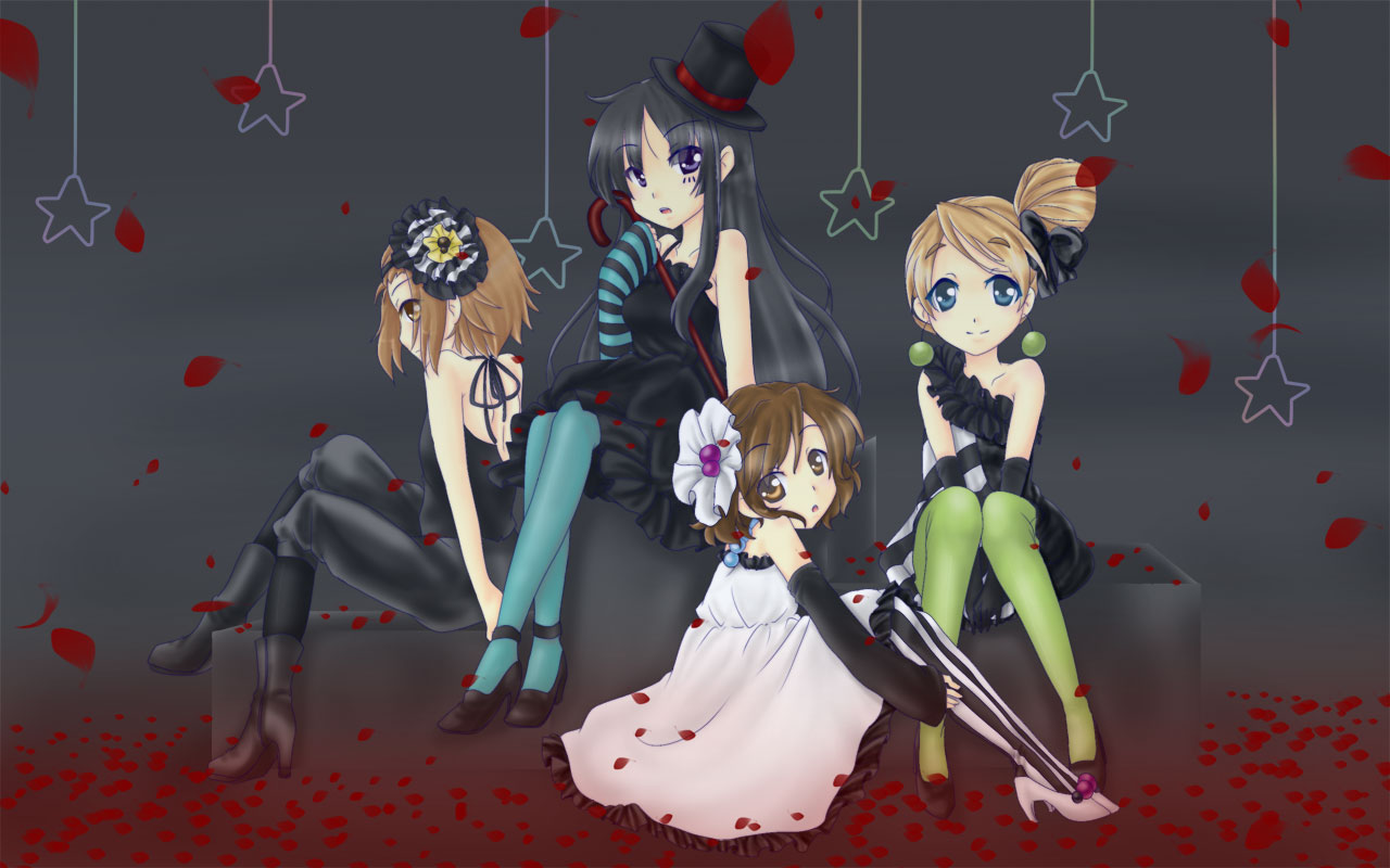 selene6251, akiyama mio, hirasawa yui, kotobuki tsumugi, tainaka ritsu, don't say "lazy", k-on!, black legwear, blue legwear, striped legwear, vertical-striped legwear, 00s, 4girls, aqua pantyhose, black hair, blue eyes, brown eyes, brown hair, dress, facepaint, fingerless gloves, flower, gloves, green pantyhose, hair bun, hat, ho-kago tea time, long hair, multiple girls, pantyhose, petals, rose, short hair, single hair bun, star (symbol), striped clothes, striped pantyhose, top hat, vertical-striped clothes, vertical-striped pantyhose