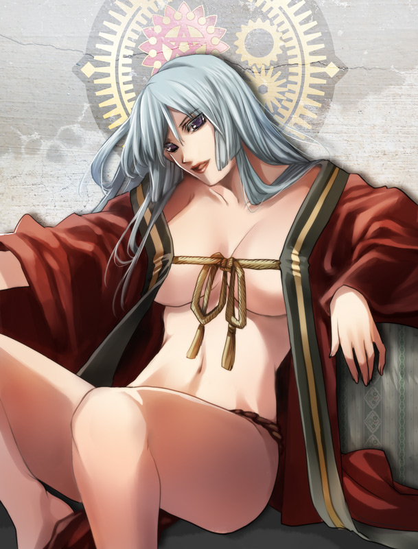 takayama dan, pixiv fantasia, pixiv fantasia 3, silver hair, 1girl, akatsuhara empire, blue hair, breasts, female focus, japanese clothes, large breasts, legs, lipstick, long hair, makeup, robe, rope, solo, thighs