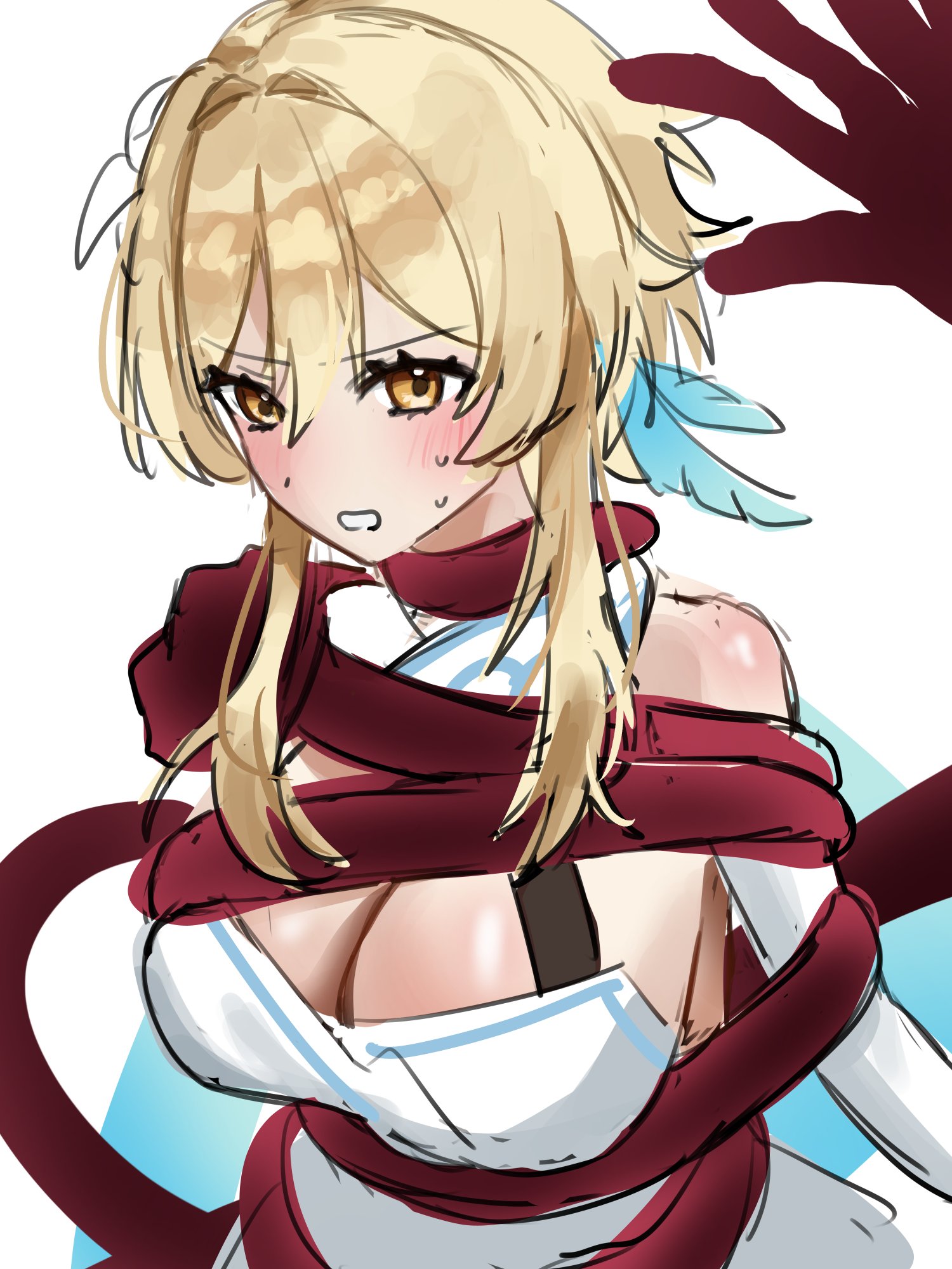 ikurumidwd, lumine (genshin impact), genshin impact, highres, 1girl, bare shoulders, blonde hair, blush, bound, breasts, cleavage, clenched teeth, detached sleeves, dress, feather hair ornament, feathers, hair between eyes, hair ornament, large breasts, looking at viewer, medium hair, restrained, short hair with long locks, simple background, solo, sweat, teeth, upper body, white background, white dress, yellow eyes