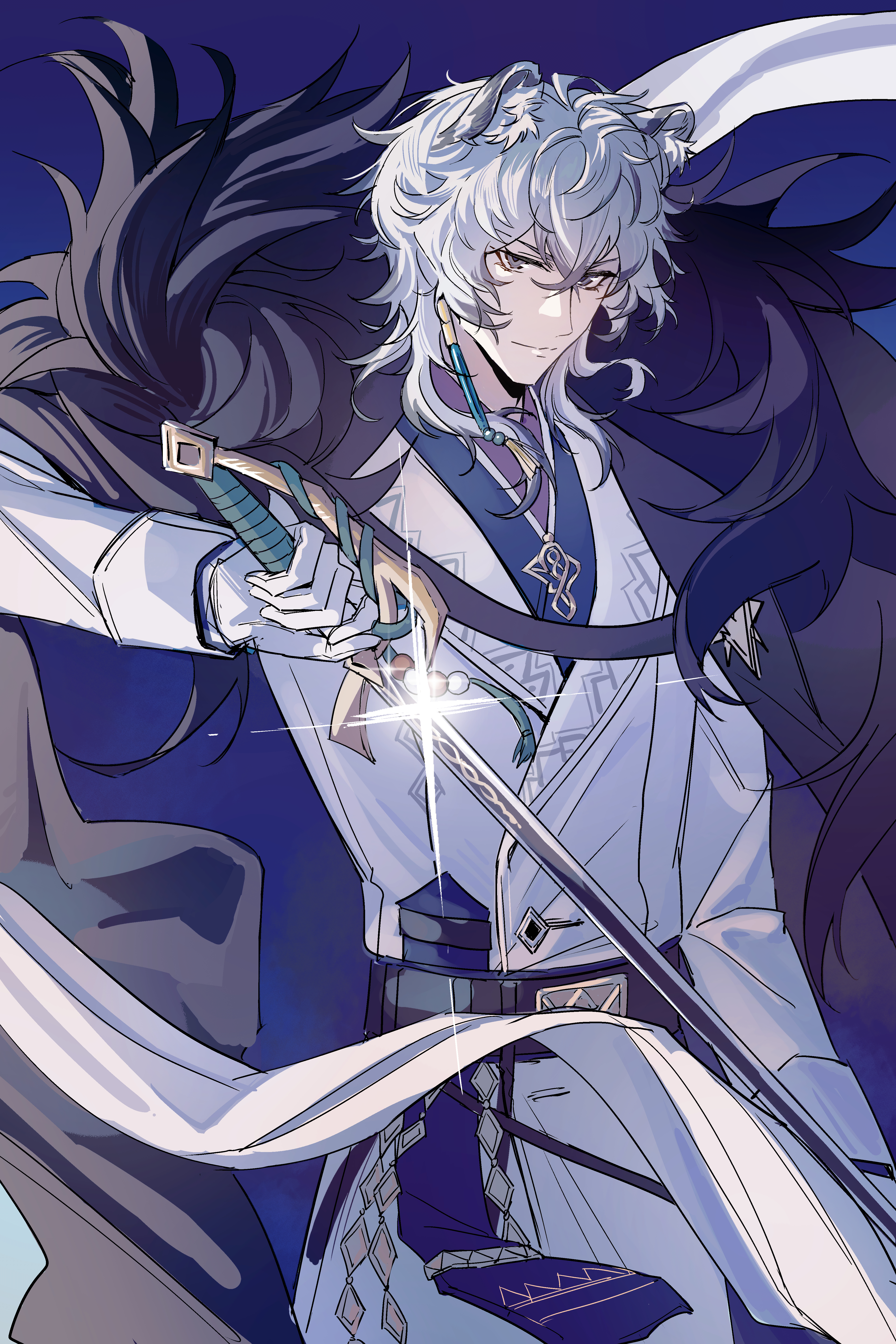 cc guiya, silverash (arknights), arknights, absurdres, chinese commentary, commentary request, highres, partial commentary, 1boy, animal ear fluff, animal ears, black cape, cape, closed mouth, coat, diffraction spikes, gloves, grey eyes, hair between eyes, hand up, holding, holding sword, holding weapon, long sleeves, looking at viewer, male focus, medium hair, purple cape, silverash the reignfrost (arknights), solo, sword, two-sided cape, two-sided fabric, weapon, white coat, white gloves, white hair