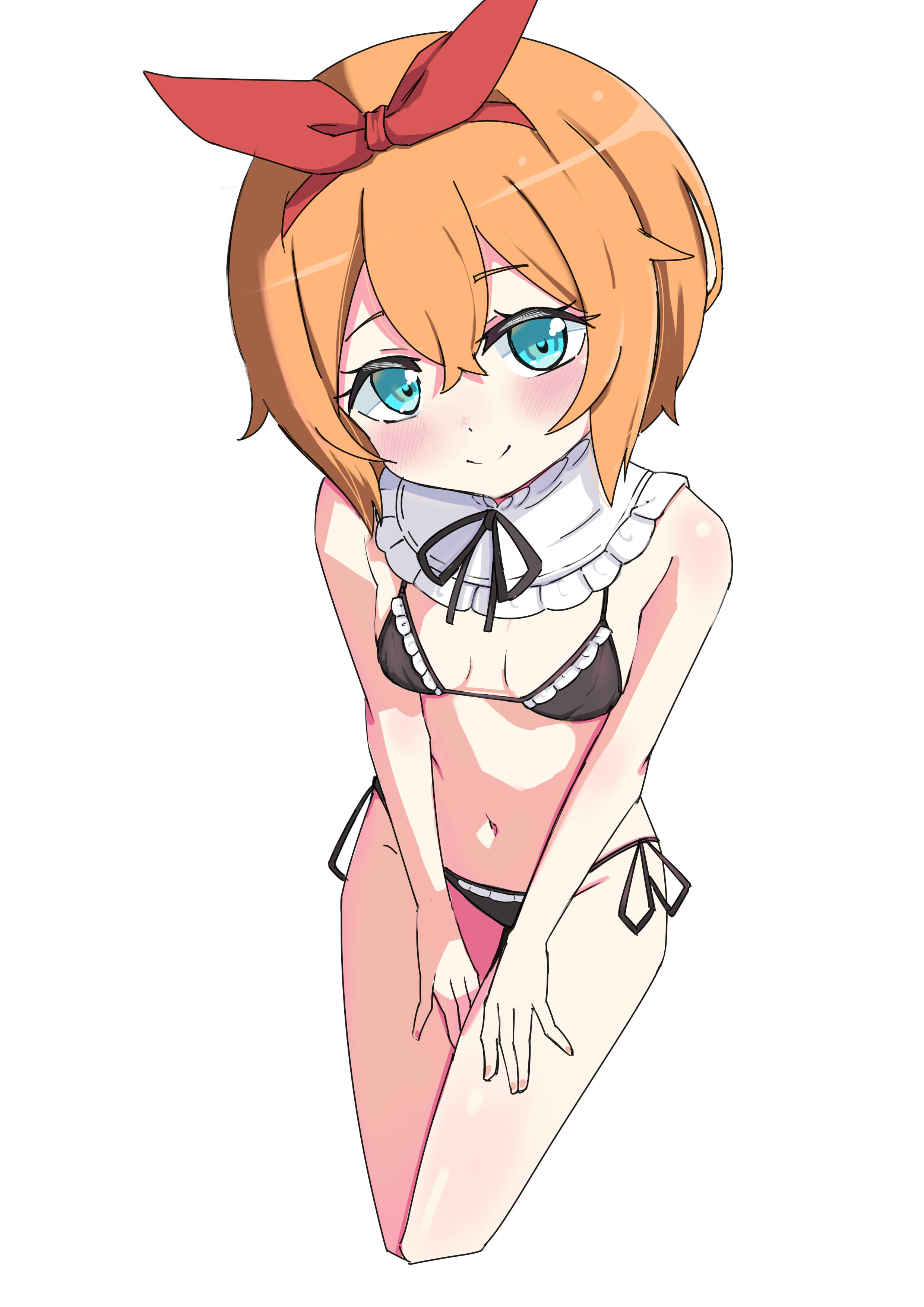 petra leyte, re:zero kara hajimeru isekai seikatsu, absurdres, commentary, highres, 1girl, bikini, blue eyes, blush, breasts, collar, detached collar, double-parted bangs, frilled collar, frills, hairband, itsuki ai, looking at viewer, maid, maid bikini, navel, orange hair, red hairband, short hair, side-tie bikini bottom, small breasts, swimsuit, unconventional maid