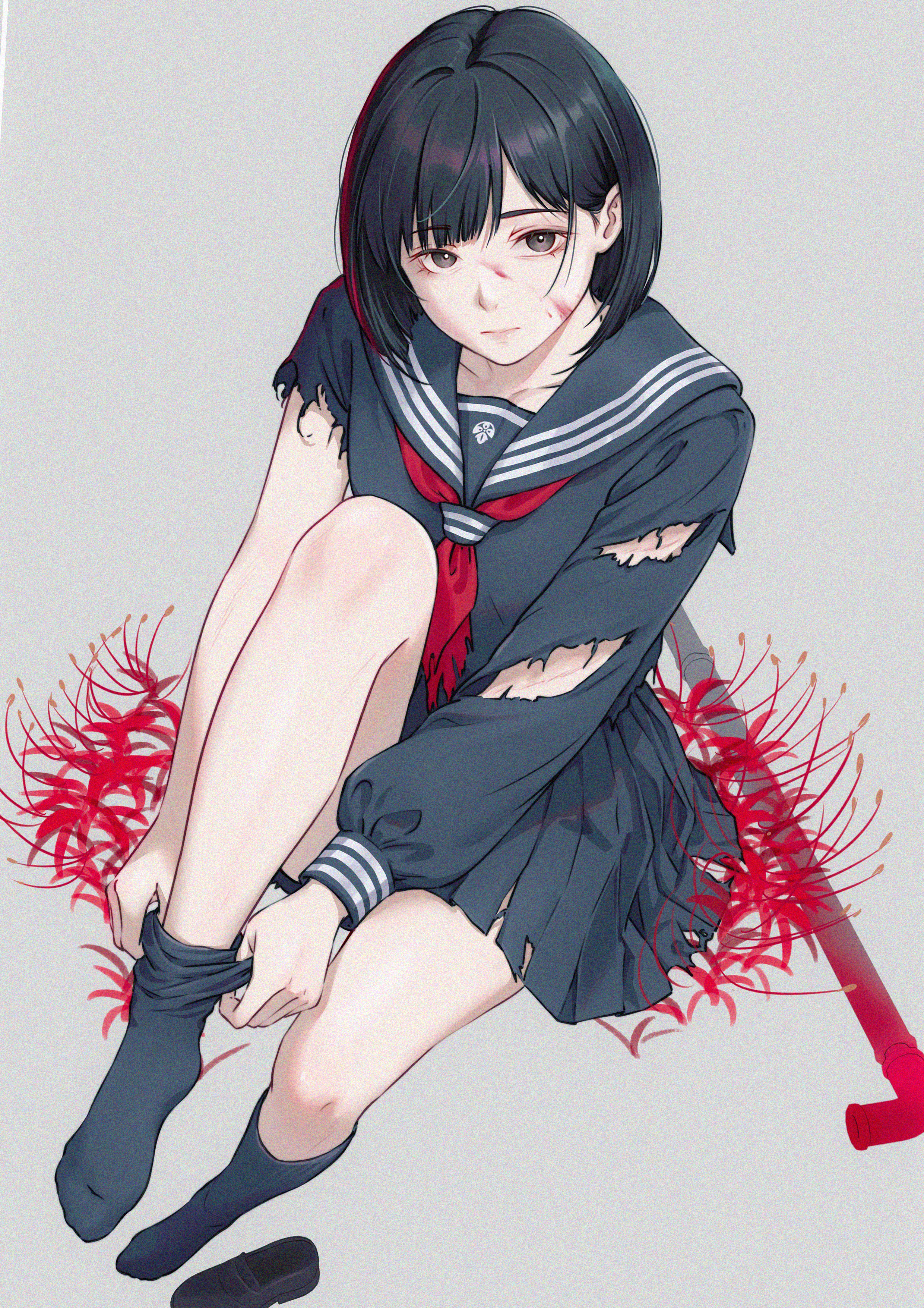ghhoward, shimizu hinako, silent hill (series), silent hill f, absurdres, highres, 1girl, black eyes, black hair, black sailor collar, black serafuku, black shirt, black shoes, black skirt, black socks, blood, blood on face, bob cut, closed mouth, collarbone, flower, from above, grey background, hair behind ear, lead pipe, leg up, legs, long sleeves, looking at viewer, neckerchief, putting on legwear, red flower, red neckerchief, sailor collar, school uniform, serafuku, shirt, shoes, short hair, simple background, sitting, skirt, socks, solo, spider lily, torn clothes, torn neckerchief, torn shirt, torn skirt