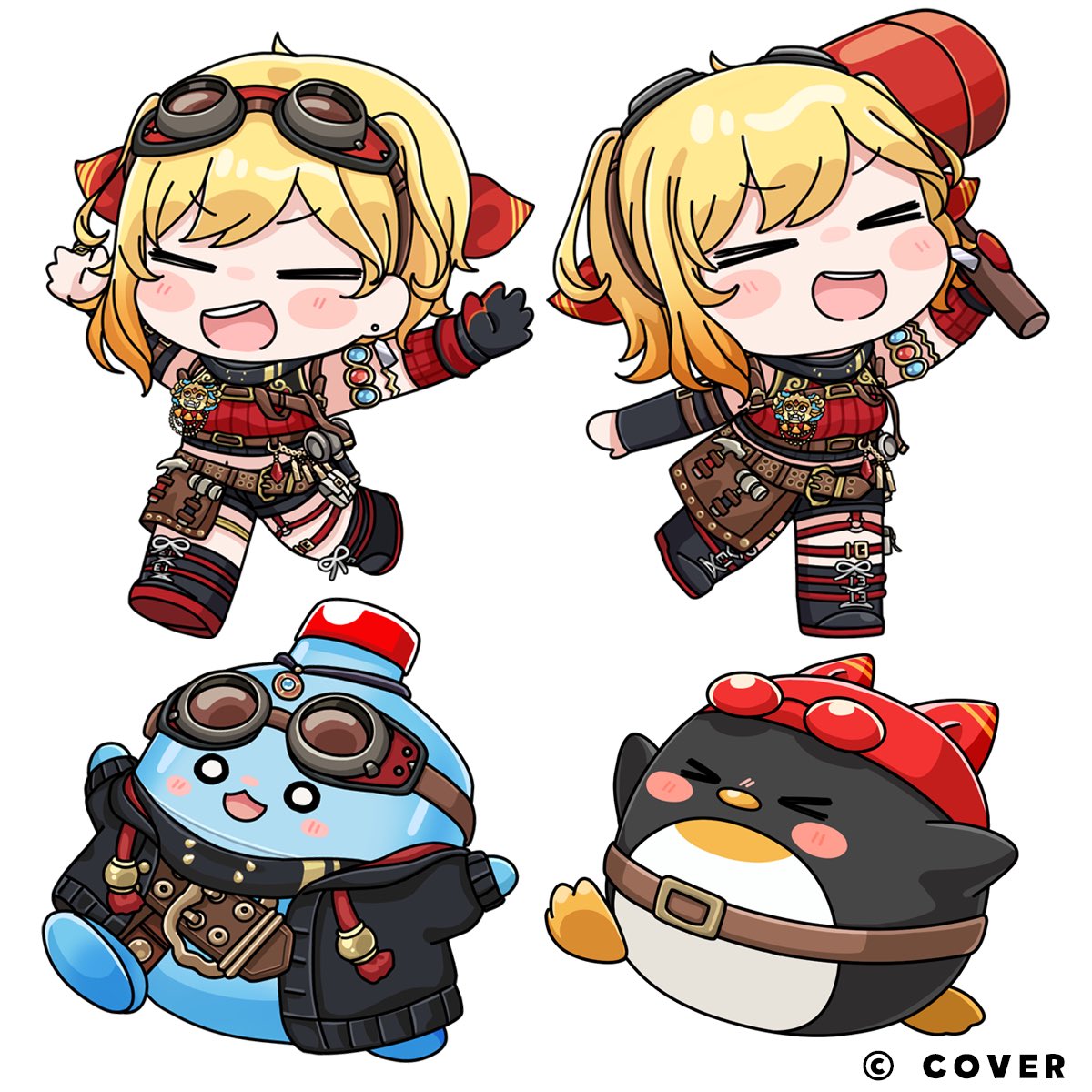 mochimiko, kaela kovalskia, kaela kovalskia (4th costume), pemaloe (kaela kovalskia), hololive, hololive indonesia, commentary request, highres, official art, > <, 1girl, :d, animal, bird, black boots, black gloves, black jacket, black shorts, black sleeves, blush stickers, boots, chibi, closed eyes, crop top, detached sleeves, earrings, eyewear on head, gachan (kaela kovalskia), gloves, goggles, goggles on head, hammer, holding, holding hammer, jacket, jewelry, midriff, multiple views, navel, o o, open clothes, open jacket, open mouth, penguin, red-tinted eyewear, red shirt, ribbed shirt, shirt, shorts, simple background, single detached sleeve, single glove, smile, stud earrings, tinted eyewear, virtual youtuber, white background