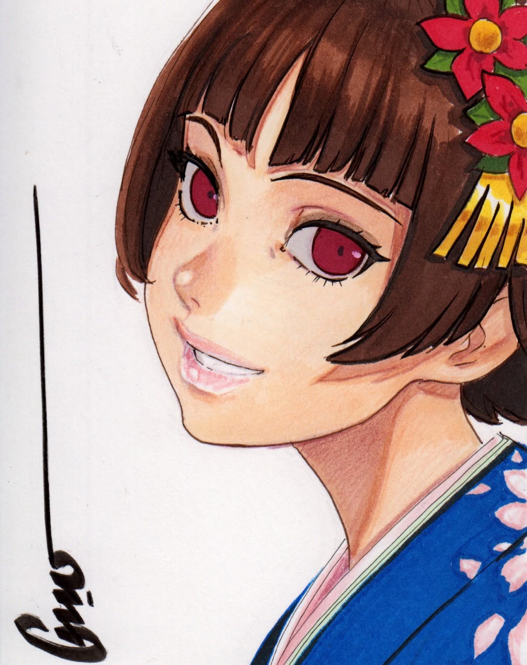 omar dogan, niijima makoto, persona, persona 5, highres, 1girl, artist name, blue kimono, blunt bangs, brown hair, eyelashes, floral print, floral print kimono, flower, hair flower, hair ornament, japanese clothes, kimono, lips, looking at viewer, print kimono, red eyes, short hair, simple background, smile, solo, white background