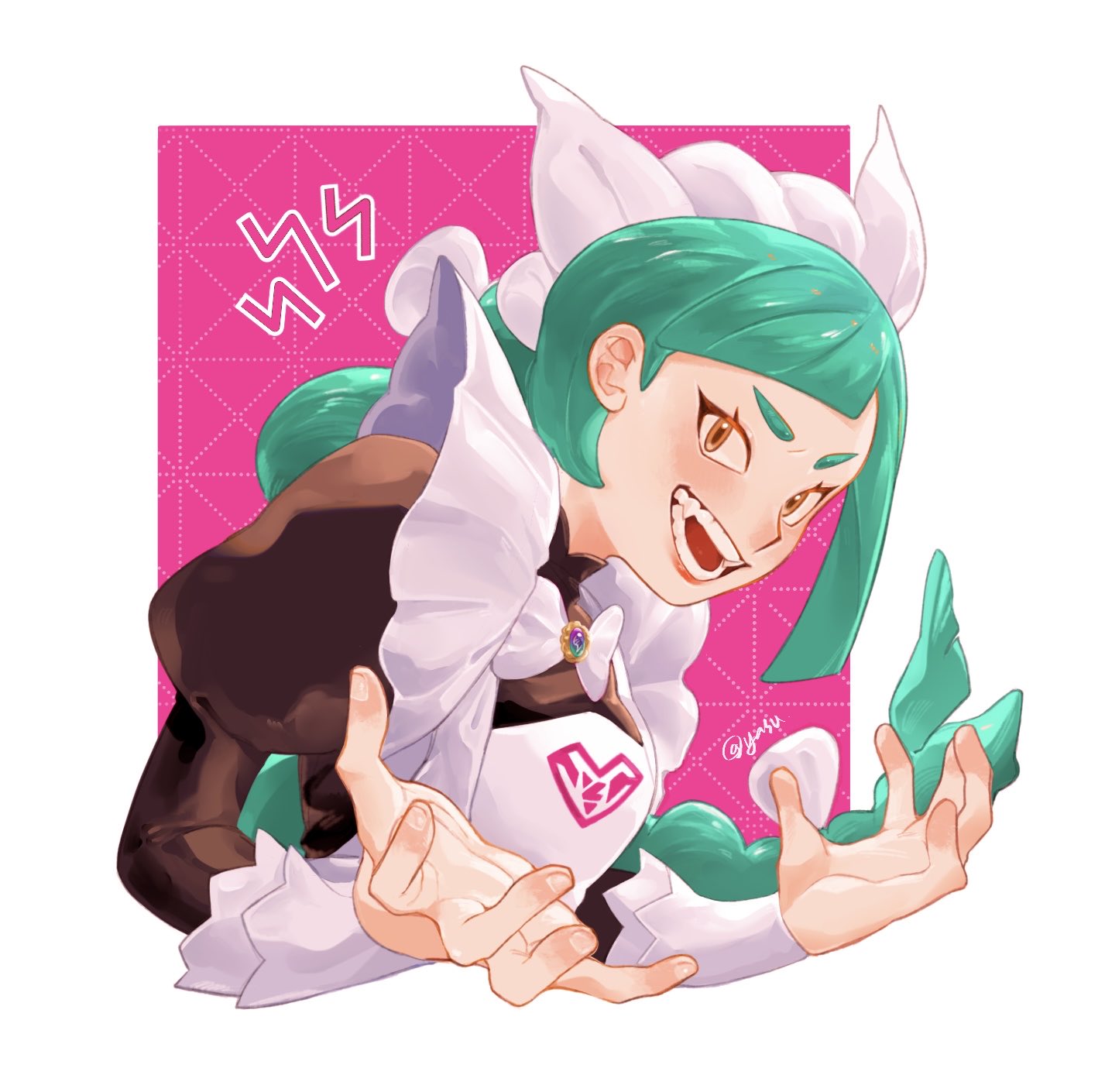 lebanne (pokemon), pokemon, pokemon legends: z-a, 1girl, an owl 3194, apron, bow, braid, brooch, frilled apron, frills, green hair, hands up, jewelry, juliet sleeves, long hair, long sleeves, looking at viewer, maid, maid headdress, open mouth, orange eyes, pink background, puffy sleeves, single braid, smile, solo, upper body