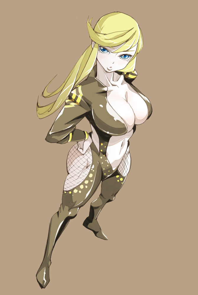 9aki, kasuga, kasuga (sengoku basara), sengoku basara, 00s, 1girl, :o, bare hips, blonde hair, blue eyes, breasts, brown background, brown theme, center opening, female focus, fishnets, from above, huge breasts, ninja, simple background, solo