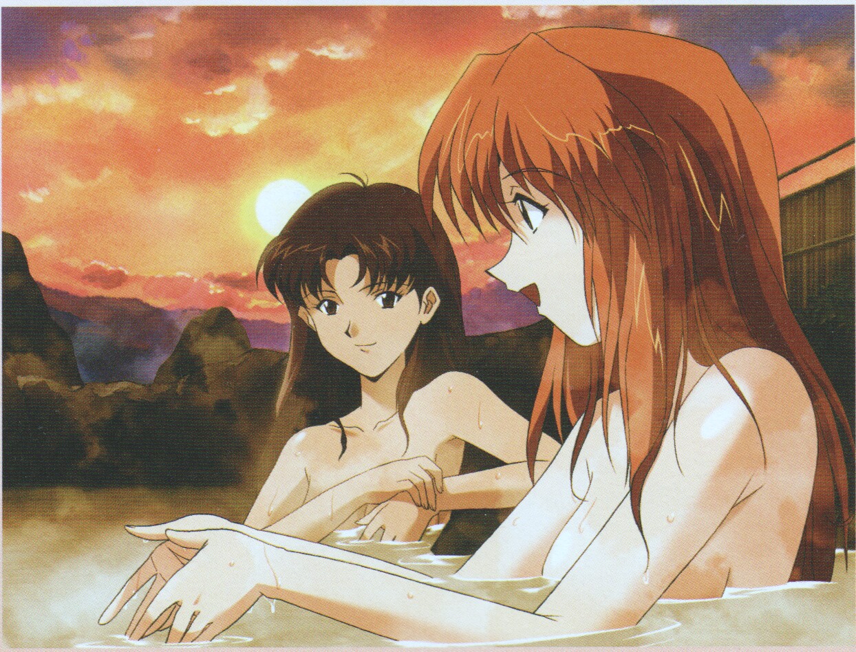 katsuragi misato, souryuu asuka langley, neon genesis evangelion, official art, scan, scan artifacts, 2girls, age difference, armpits, bare shoulders, bath, bathing, black eyes, black hair, blue eyes, breasts, brown eyes, brown hair, censored, closed mouth, cloud, collarbone, completely nude, convenient censoring, covering breasts, covering privates, eye contact, female focus, fence, happy, large breasts, long hair, looking at another, medium breasts, multiple girls, neck, nude, onsen, open mouth, orange hair, outdoors, parted bangs, red hair, rock, same-sex bathing, scar, shared bathing, sky, smile, steam, straight hair, sun, sunset, water, wet, wet hair