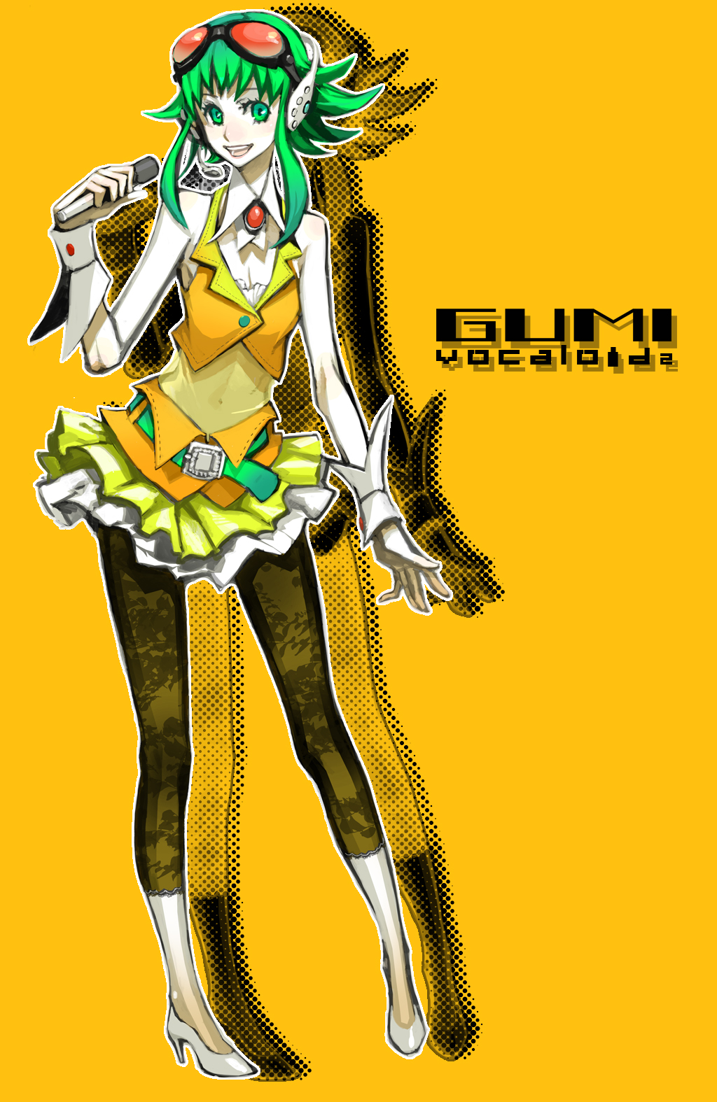 miwa shirow, gumi, vocaloid, highres, 1girl, belt, brown leggings, female focus, full body, goggles, green eyes, green hair, halftone, halftone background, headset, high heels, leggings, matching hair/eyes, microphone, pantyhose, shoes, skirt, smile, solo, spiked hair, wing collar, wrist cuffs