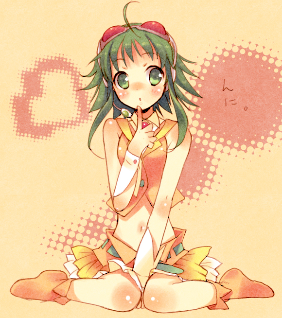 toranosuke, gumi, vocaloid, bad id, bad pixiv id, 1girl, boots, female focus, green eyes, green hair, halftone, halftone background, knees together feet apart, matching hair/eyes, midriff, orange background, orange boots, skirt, solo