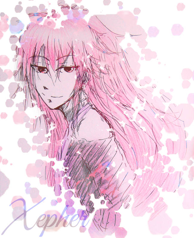 keiji senpai, licht (iidx), beatmania iidx, beatmania iidx 12 happy sky, bemani, xepher, commentary, english commentary, 1boy, 2015, abstract background, androgynous, bare shoulders, black shirt, copyright name, eyebrows hidden by hair, hair between eyes, japanese clothes, kimono, long hair, male focus, pink hair, pink kimono, red eyes, shirt, simple background, sleeveless, smile, solo, turtleneck, turtleneck shirt, upper body, very long hair