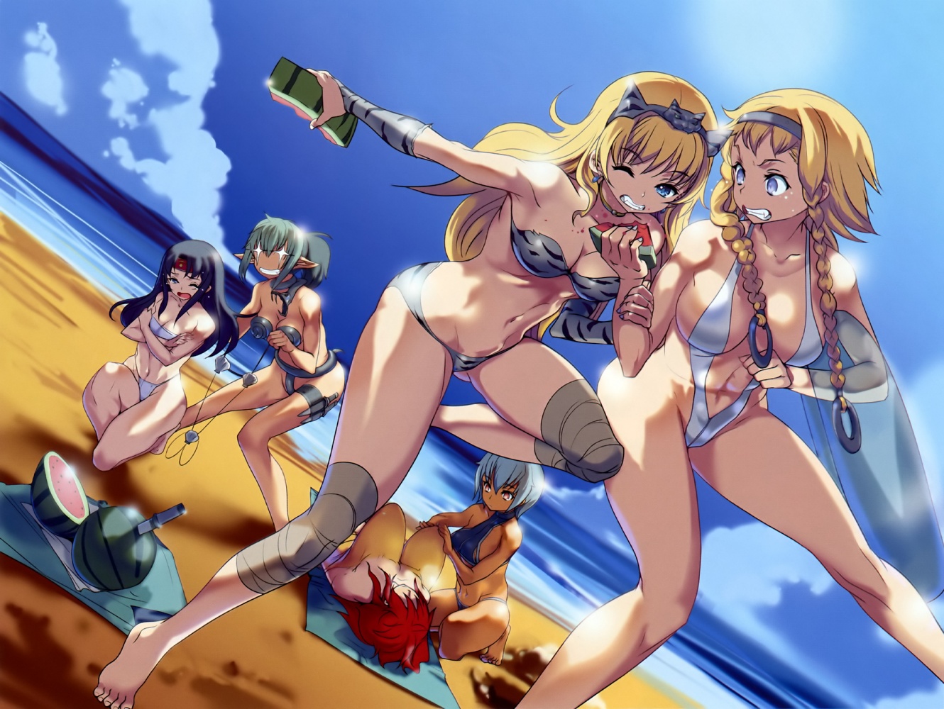 akaga hirotaka, claudette (queen's blade), echidna (queen's blade), elina (queen's blade), irma (queen's blade), leina (queen's blade), risty, tomoe (queen's blade), queen's blade, breast hold, + +, 00s, 6+girls, abs, angry, animal print, armpits, bandeau, barefoot, beach, bikini, black hair, blonde hair, blue eyes, blue hair, blush, braid, breasts, choker, cleavage, cloud, crossed arms, dark-skinned female, dark skin, dutch angle, earrings, embarrassed, everyone, feet, food, fruit, fundoshi, grey hair, grin, hair ornament, hairband, headband, holding another's wrist, innertube, japanese clothes, jewelry, jumping, knee pads, kneeling, knife, kunai, large breasts, legs, long hair, lying, multicolored hair, multiple girls, naughty face, on back, one-piece swimsuit, one eye closed, open mouth, outdoors, pointy ears, ponytail, red eyes, red hair, sand, sarashi, shell, shell bikini, short hair, siblings, sisters, sky, sleeping, slingshot swimsuit, smile, snake, sports bikini, strapless, swimsuit, tankini, thigh strap, tiger print, towel, tube top, twin braids, two-tone hair, underboob, water, watermelon, weapon, white one-piece swimsuit, wince, wink