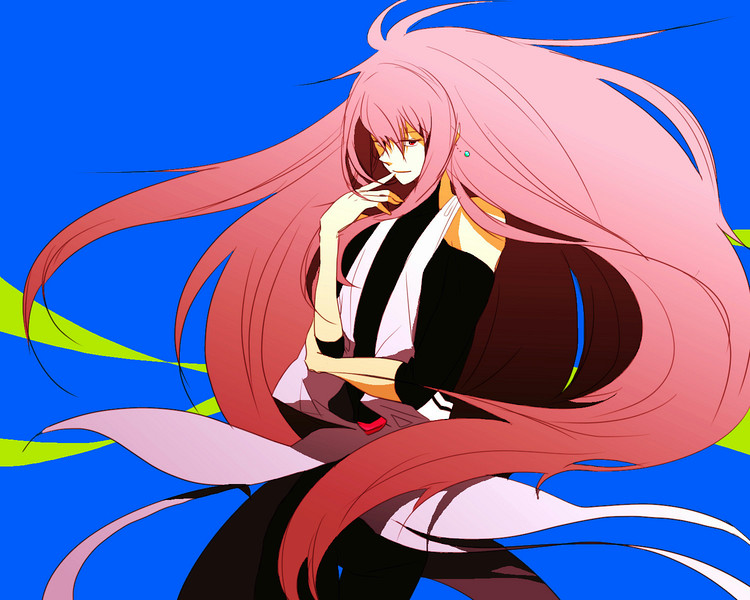 ramu (jamink), licht (iidx), beatmania iidx, beatmania iidx 12 happy sky, bemani, xepher, commentary, 1boy, 2011, bare shoulders, black pants, black shirt, blue background, closed mouth, copyright name, crossed arms, earrings, finger to mouth, floating hair, hand up, japanese clothes, jewelry, kimono, legs together, long hair, male focus, pants, pink hair, pink kimono, red eyes, sah, shirt, simple background, sleeveless, sleeveless kimono, solo, standing, turtleneck, turtleneck shirt, very long hair