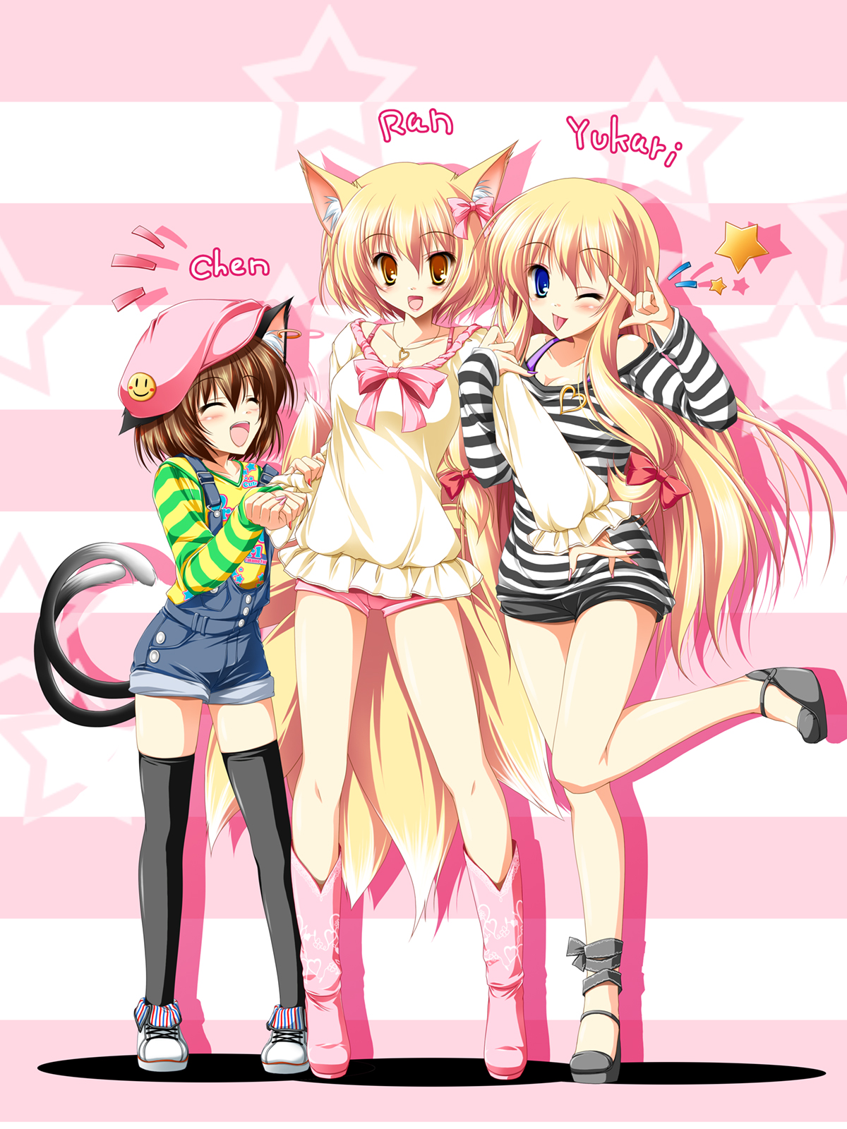 kamiya tomoe, chen, yakumo ran, yakumo yukari, touhou, arm grab, highres, 3girls, :p, m/, alternate costume, animal ears, blonde hair, blue eyes, boots, brown hair, casual, cat ears, cat girl, cat tail, closed eyes, contemporary, earrings, fashion, female focus, fox ears, fox tail, hair ribbon, hat, holding another's arm, jewelry, long hair, multiple girls, multiple tails, nail polish, necklace, nekomata, one eye closed, overalls, ribbon, short hair, short shorts, shorts, tail, thighhighs, tongue, tongue out, two tails, wink, yellow eyes, zettai ryouiki