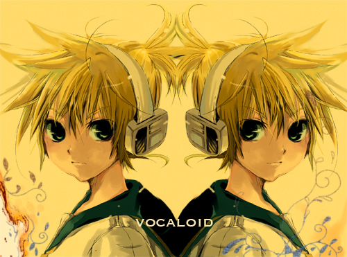 aogiri, kagamine len, vocaloid, mirrored, bad id, bad pixiv id, lowres, 1boy, blonde hair, blue eyes, headphones, male focus, multiple views, necktie, symmetry, upper body