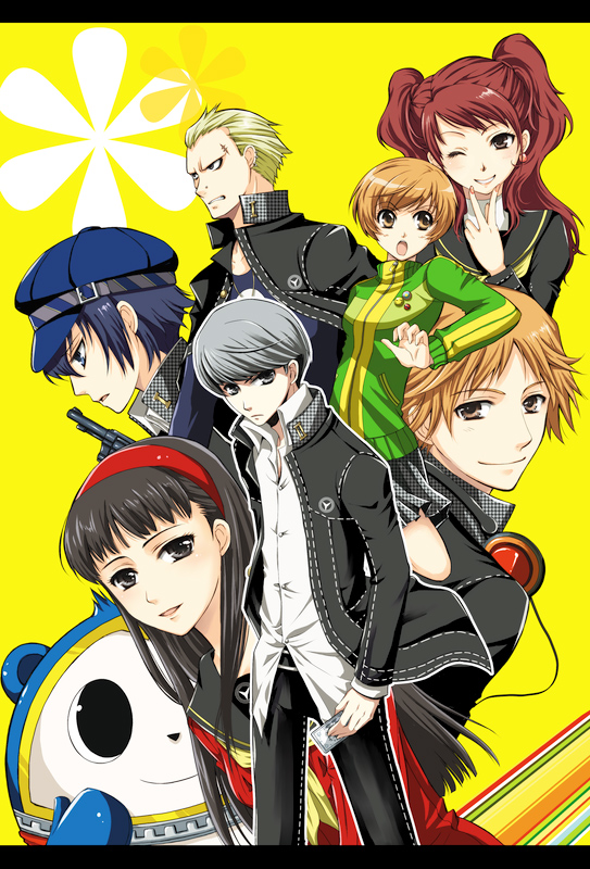 nekopu, amagi yukiko, hanamura yousuke, kujikawa rise, kuma (persona 4), narukami yu, satonaka chie, shirogane naoto, tatsumi kanji, atlus, persona, persona 4, 3boys, 4girls, androgynous, black eyes, black hair, blue eyes, blue hair, brown eyes, brown hair, everyone, grey hair, gun, hairband, hat, headphones, headphones around neck, jacket, multiple boys, multiple girls, newsboy cap, red hair, reverse trap, scar, school uniform, serafuku, short hair, skirt, smile, twintails, weapon