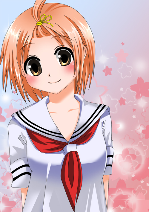 asahana jun, kuzuryuu momoko, sumomomo momomo, bad id, bad pixiv id, 00s, 1girl, brown eyes, female focus, forehead, high ponytail, pink hair, ponytail, school uniform, short hair, solo