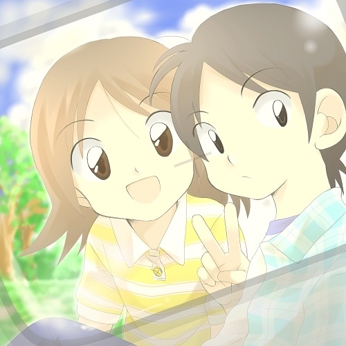 sakakimu, kitamura koh, kitamura kou, tsukishima wakaba, cross game, bad id, bad pixiv id, lowres, 00s, black hair, brown eyes, brown hair, short hair, v