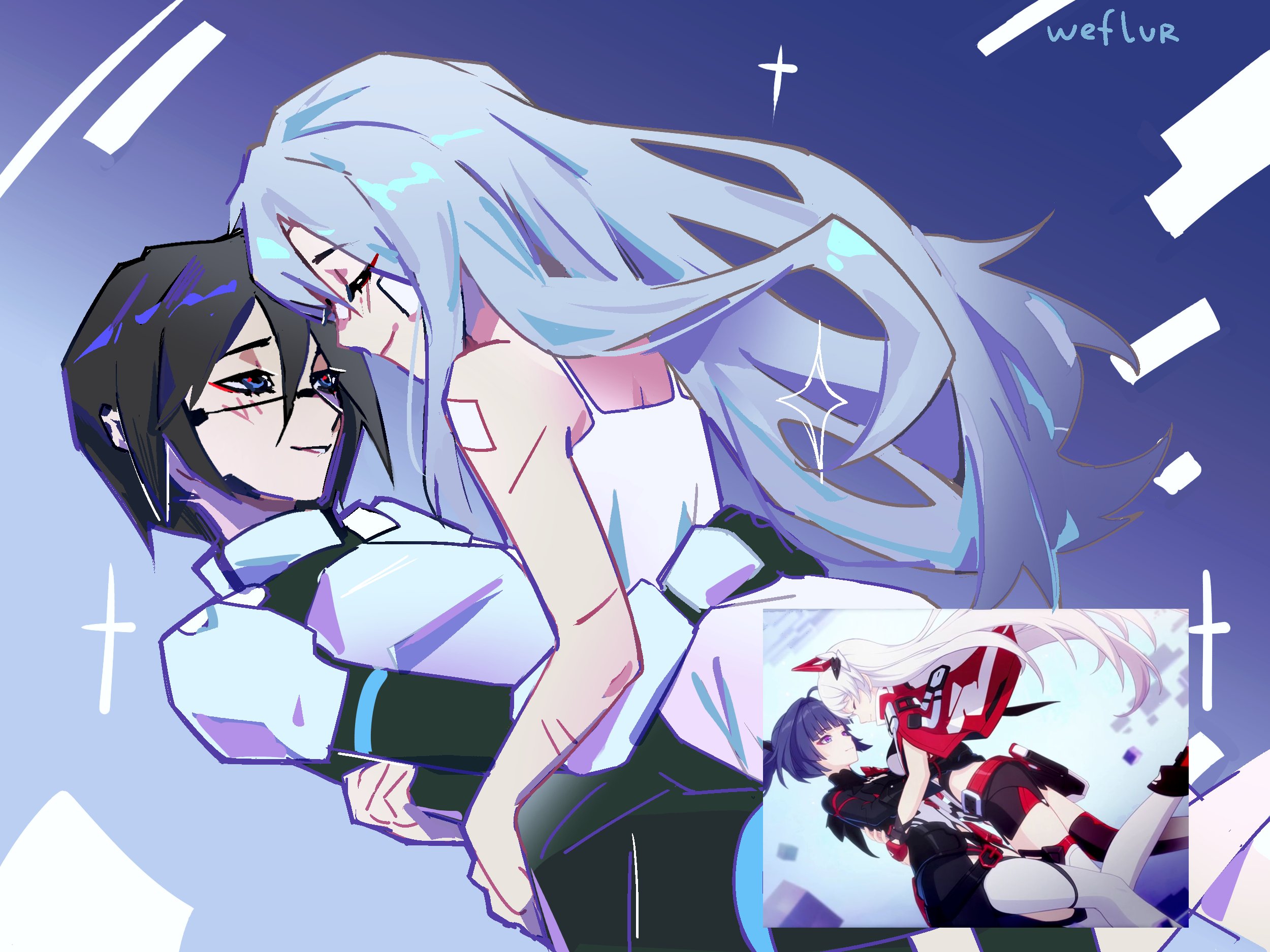 ariane yeong, elster (signalis), kiana kaslana, raiden mei, honkai (series), honkai impact 3rd, signalis, commentary, english commentary, highres, 4girls, android, artist name, bandaged arm, bandages, bare arms, black hair, black shorts, blue eyes, blue hair, camisole, capelet, closed eyes, closed mouth, floating hair, hand on another's waist, long hair, multiple girls, parted lips, purple eyes, purple hair, red capelet, reference inset, short hair, shorts, smile, thighhighs, weflur, white camisole, white hair, white thighhighs, yuri