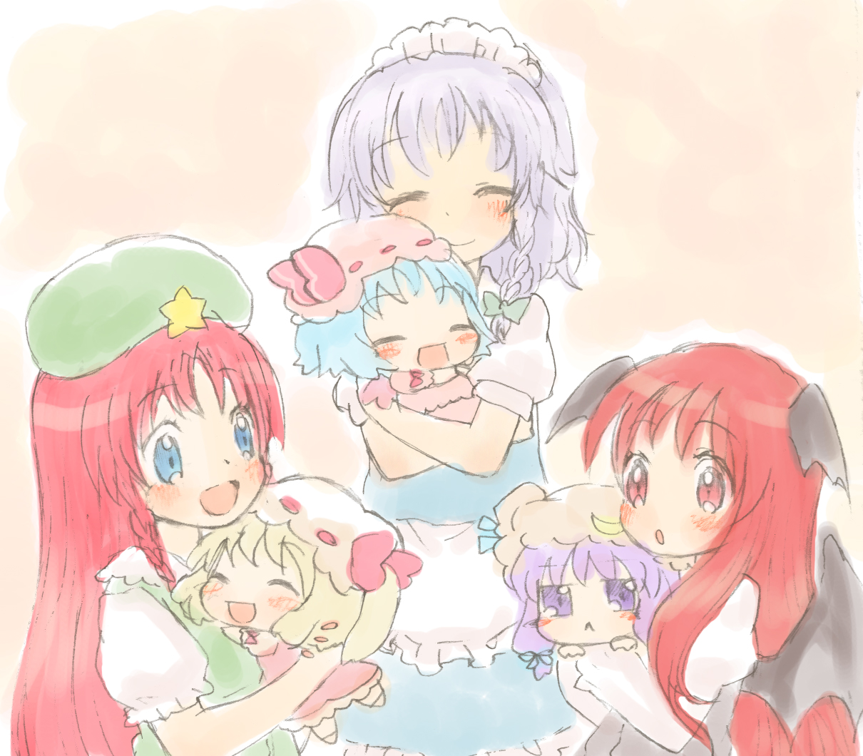 rias-shiki kawaii, flandre scarlet, hong meiling, izayoi sakuya, koakuma, patchouli knowledge, remilia scarlet, embodiment of scarlet devil, touhou, silver hair, bad id, bad pixiv id, 6+girls, :<, :d, :o, ^ ^, aged down, baby, bat wings, blonde hair, blue eyes, blue hair, blush, blush stickers, bow, braid, chibi, closed eyes, crescent, female focus, hairband, happy, hat, hat bow, head wings, hug, long hair, maid, maid headdress, multiple girls, open mouth, ponytail, purple eyes, purple hair, red eyes, red hair, short hair, side ponytail, smile, twin braids, wings