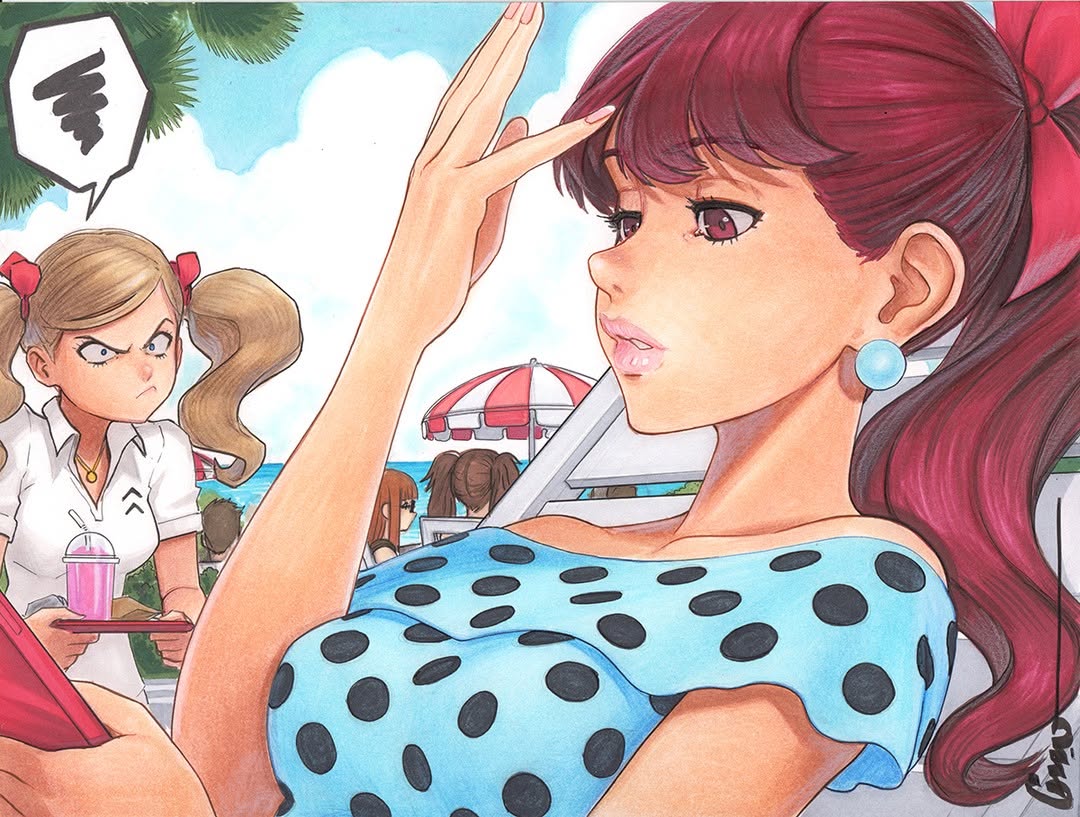 omar dogan, kujikawa rise, sakura futaba, takamaki anne, yoshizawa kasumi, persona, persona 4, persona 5, persona 5 the royal, 1boy, 4girls, adjusting hair, annoyed, artist name, bare shoulders, beach, beach chair, beach umbrella, blonde hair, blue eyes, blue shirt, blue sky, bow, breasts, brown hair, cloud, cloudy sky, constricted pupils, cup, drink, drinking straw, earrings, holding, holding phone, holding tray, jewelry, lips, long hair, medium breasts, multicolored umbrella, multiple girls, necklace, orange hair, phone, polka dot, polka dot shirt, ponytail, red bow, red eyes, red hair, school uniform, shirt, shuujin academy school uniform, sky, speech bubble, tray, tree, twintails, umbrella, white shirt, wide-eyed