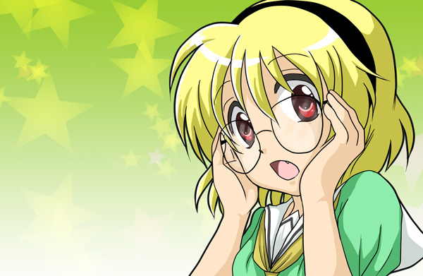 kamo (kamo29), houjou satoko, higurashi no naku koro ni, bad id, bad pixiv id, 00s, adjusting eyewear, blonde hair, dress, fang, glasses, hairband, red eyes, sailor dress, short hair