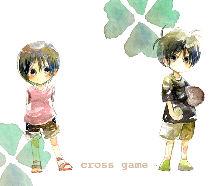 aogiri, kitamura koh, kitamura kou, tsukishima aoba, cross game, bad id, bad pixiv id, painting (medium), traditional media, watercolor (medium), 00s, 1boy, 1girl, aged down, baseball, baseball glove, clover, four-leaf clover, shirt, short hair, shorts, t-shirt