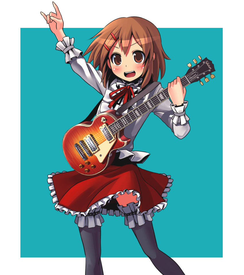 patorishia, patricia (stylish marunage), hirasawa yui, fuwafuwa time, gibson, k-on!, 00s, 1girl, n/, bow, brown eyes, brown hair, electric guitar, female focus, frills, gibson les paul, guitar, instrument, m/, short hair, skirt, solo, thighhighs