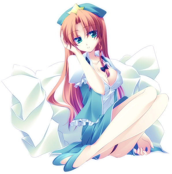 mitsuki (artist), motomiya mitsuki, hong meiling, embodiment of scarlet devil, touhou, 1girl, bare legs, breasts, cleavage, female focus, green eyes, legs, long hair, red hair, shoes, sitting, solo