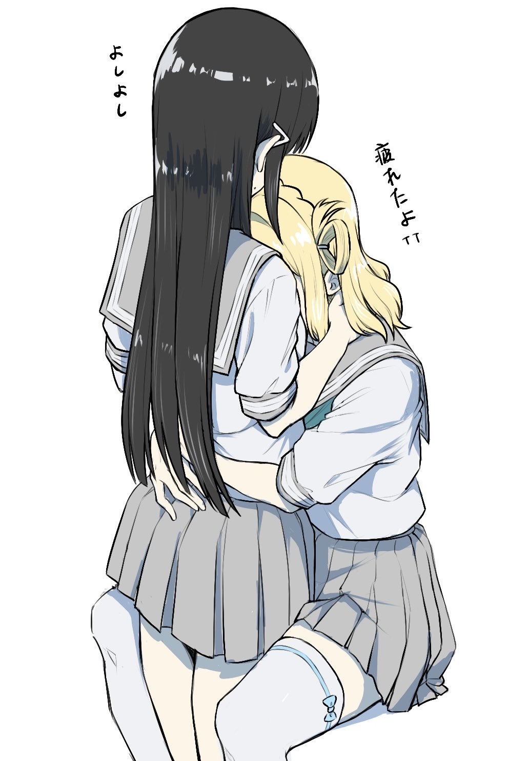 yakult1124, kurosawa dia, ohara mari, love live!, love live! sunshine!!, highres, translated, 2girls, between legs, black hair, blonde hair, grey sailor collar, grey skirt, hair rings, long hair, multiple girls, pleated skirt, sailor collar, school uniform, shirt, simple background, single hair ring, skirt, thighhighs, uranohoshi school uniform, white background, white shirt, white thighhighs, yuri