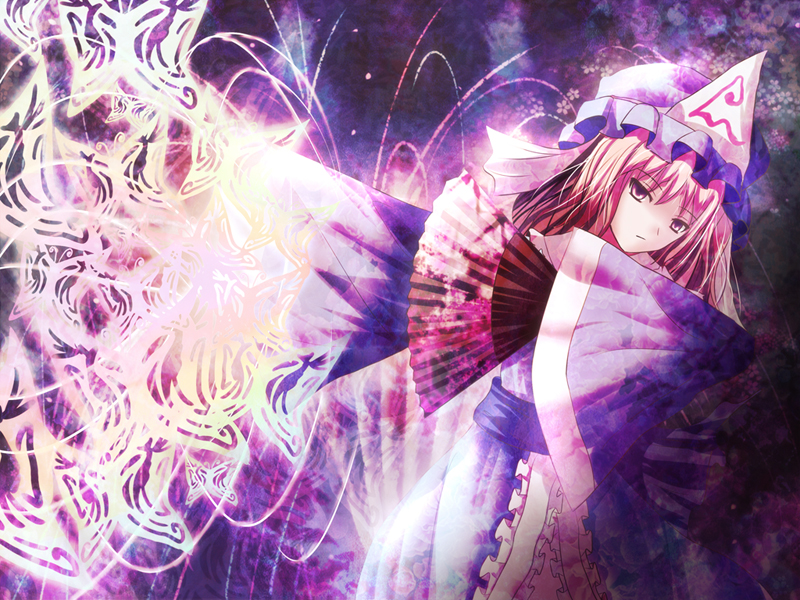 non (nobu), saigyouji yuyuko, touhou, 1girl, female focus, folding fan, ghost, hand fan, hat, purple eyes, purple hair, solo