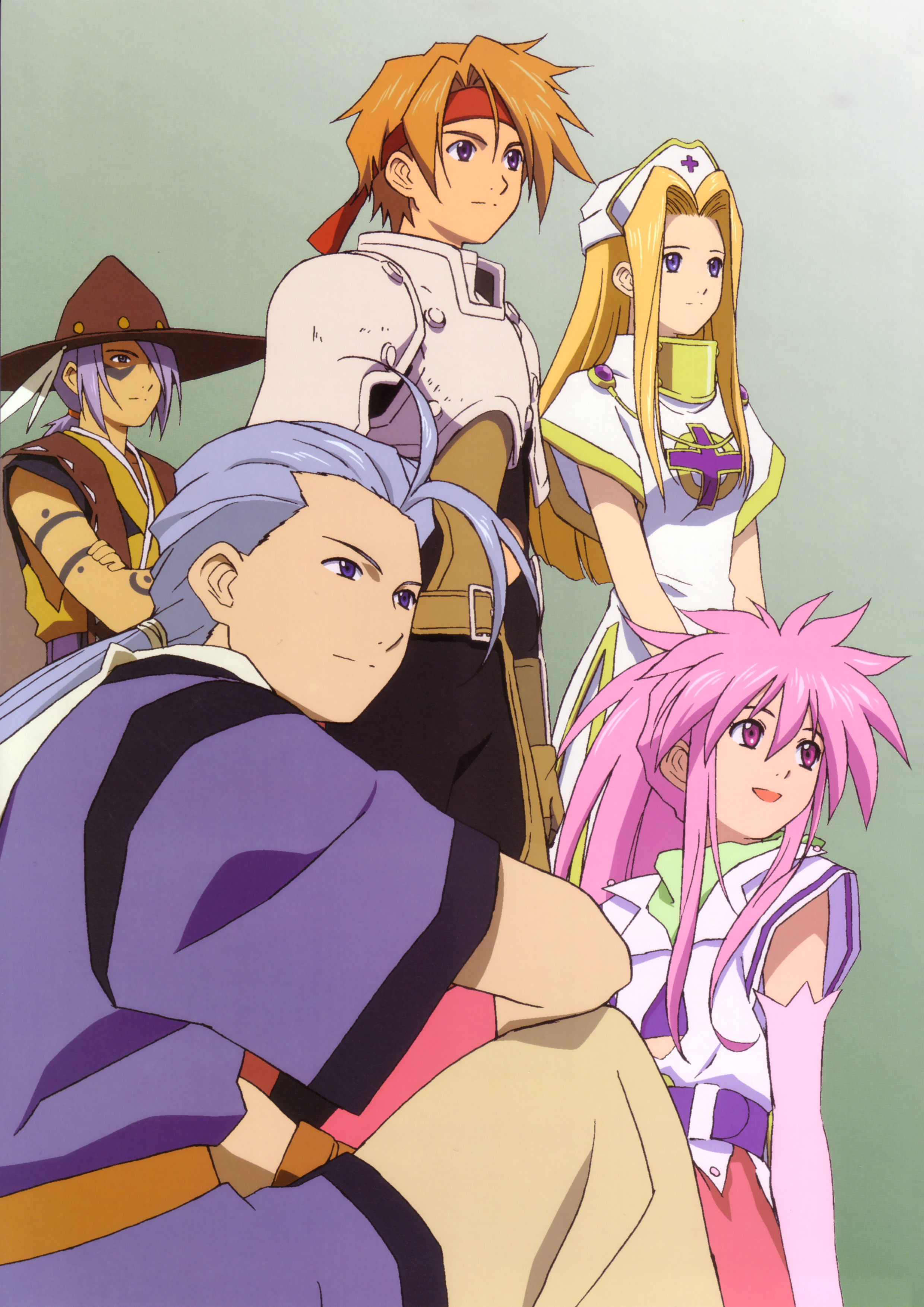 arche klein, chester burklight, claus f. lester, cress albane, mint adenade, tales of (series), tales of phantasia, absurdres, highres, official art, 2girls, 3boys, armor, blonde hair, blue eyes, brown eyes, brown hair, elbow gloves, gloves, grey hair, hair intakes, hat, headband, long hair, multiple boys, multiple girls, pink eyes, pink hair, ponytail, smile