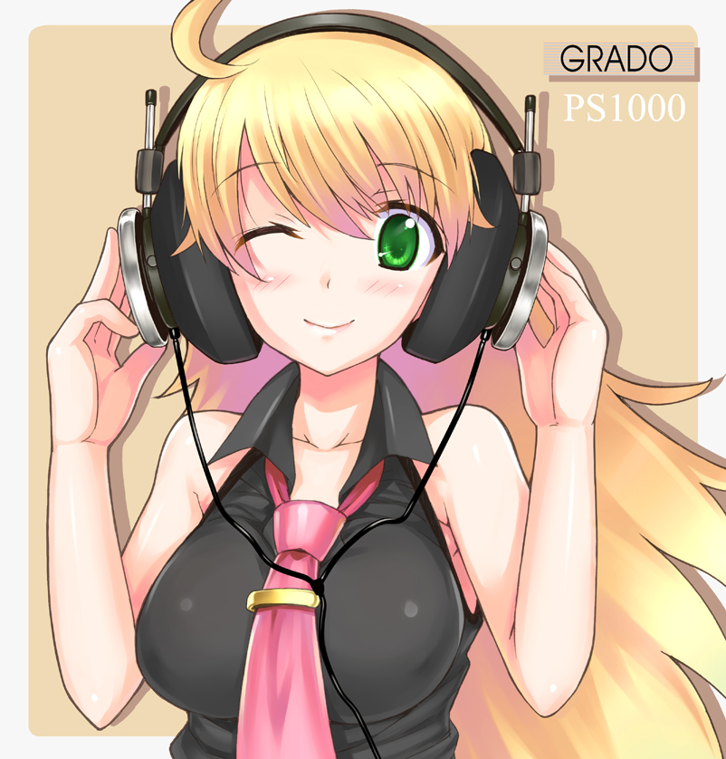 hidebou, hoshii miki, grado labs, idolmaster, idolmaster (classic), 00s, 1girl, ahoge, bare shoulders, blonde hair, blush, breasts, female focus, green eyes, headphones, large breasts, long hair, necktie, one eye closed, product placement, smile, solo, wink