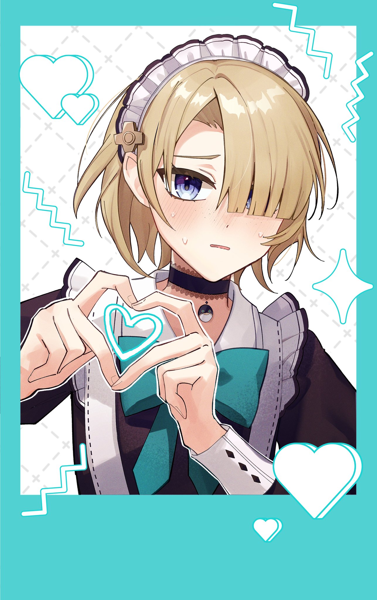 ymdm0826, freminet (genshin impact), genshin impact, highres, 1boy, apron, aqua bow, aqua bowtie, blonde hair, blue eyes, blush, bow, bowtie, crossdressing, crossdressing (mtf), frilled apron, frills, hair over one eye, maid, maid apron, maid headdress, male focus, short hair, solo, white apron